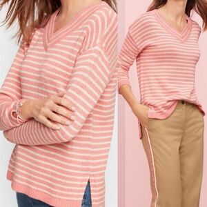 Talbots Womens Pullover Knit Sweater Pink Striped Linen cotton Blend V-Neck XLP